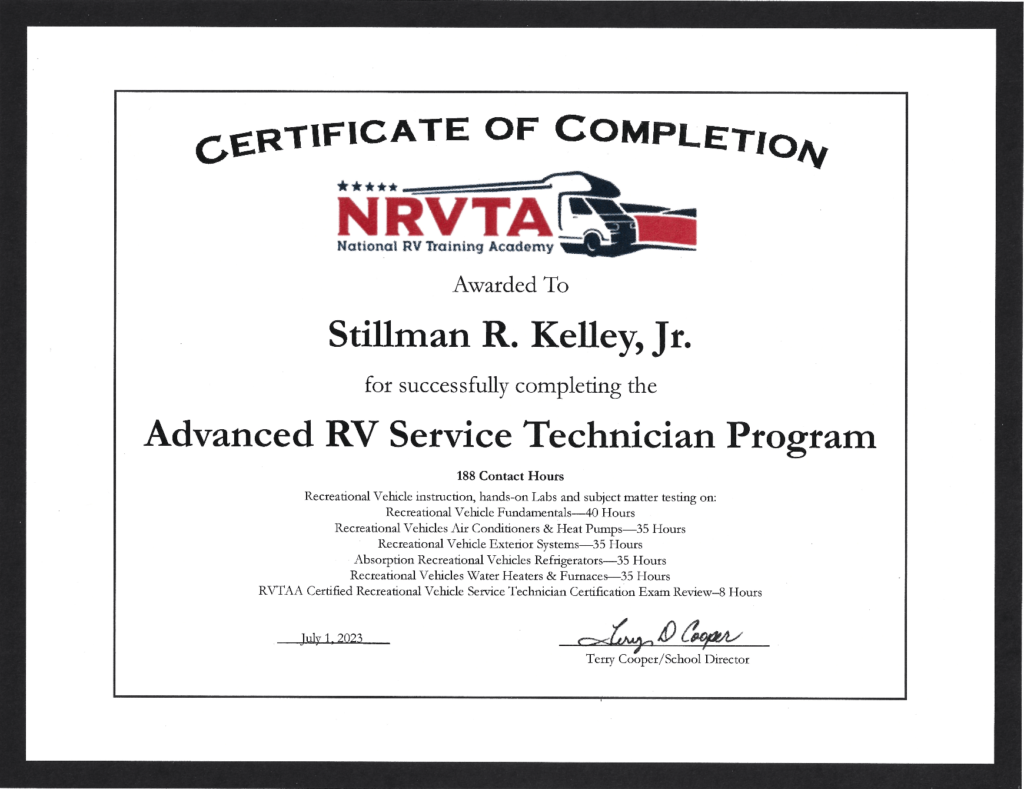 NRVTA Advanced RV Service Tech Certificate