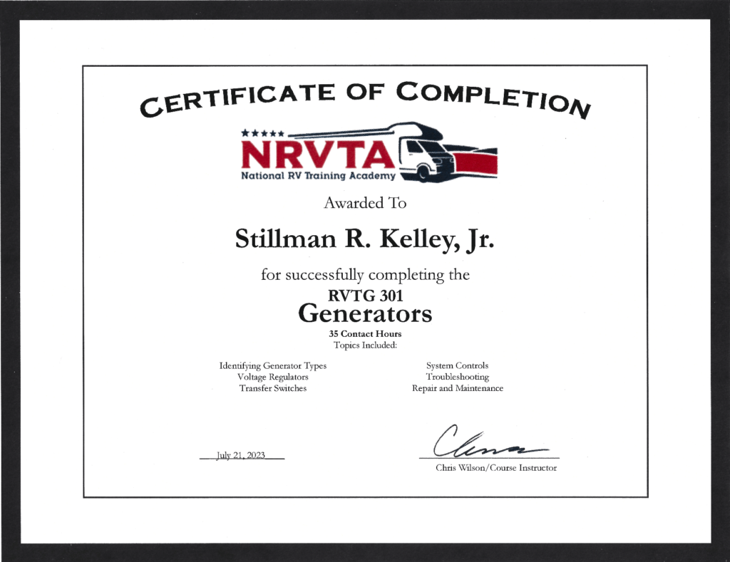 NRVTA Generators Certificate