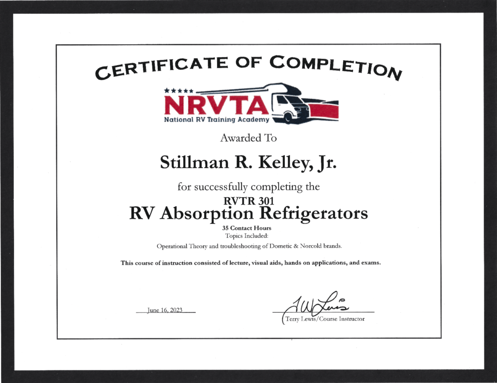 NRVTA RV Absorbtion Refrigerators Certificate