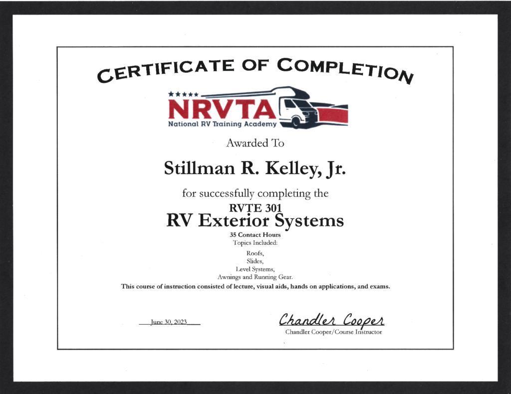 NRVTA RV Exterior Systems Certificate