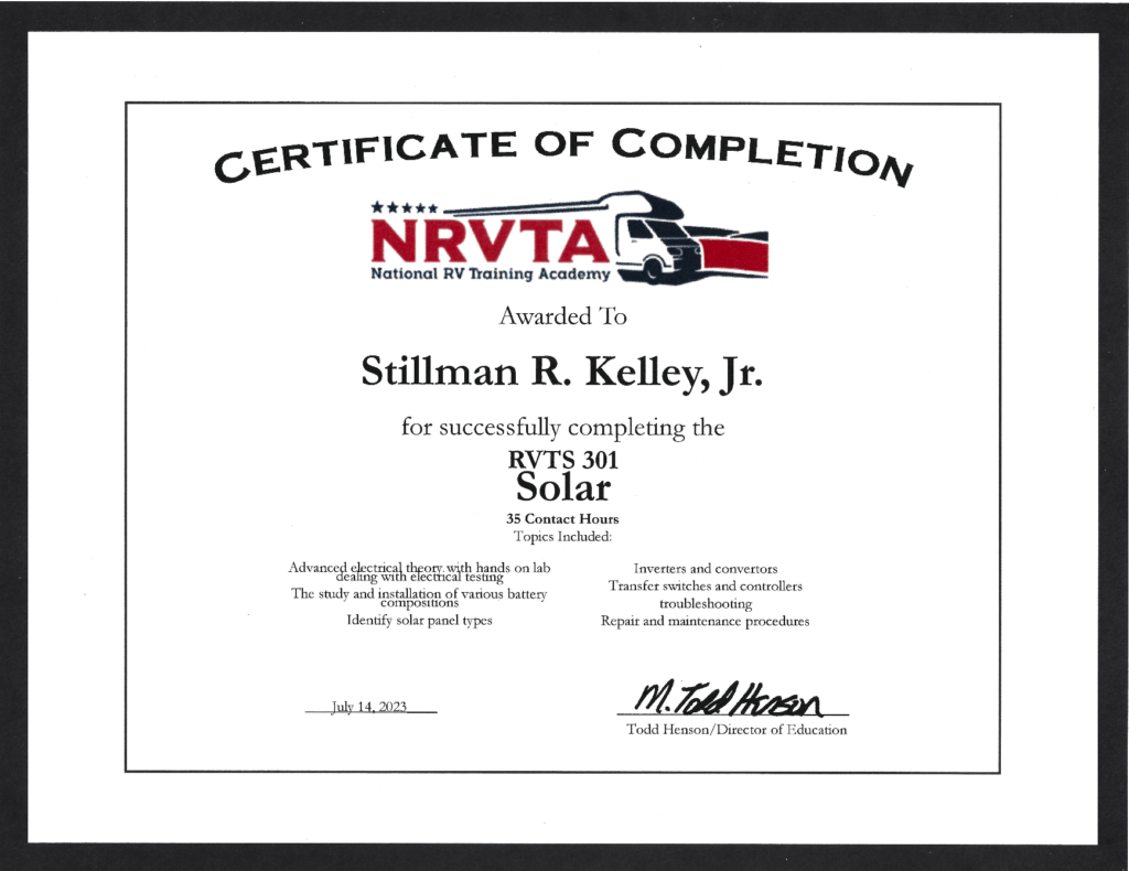 NRVTA Solar Certificate