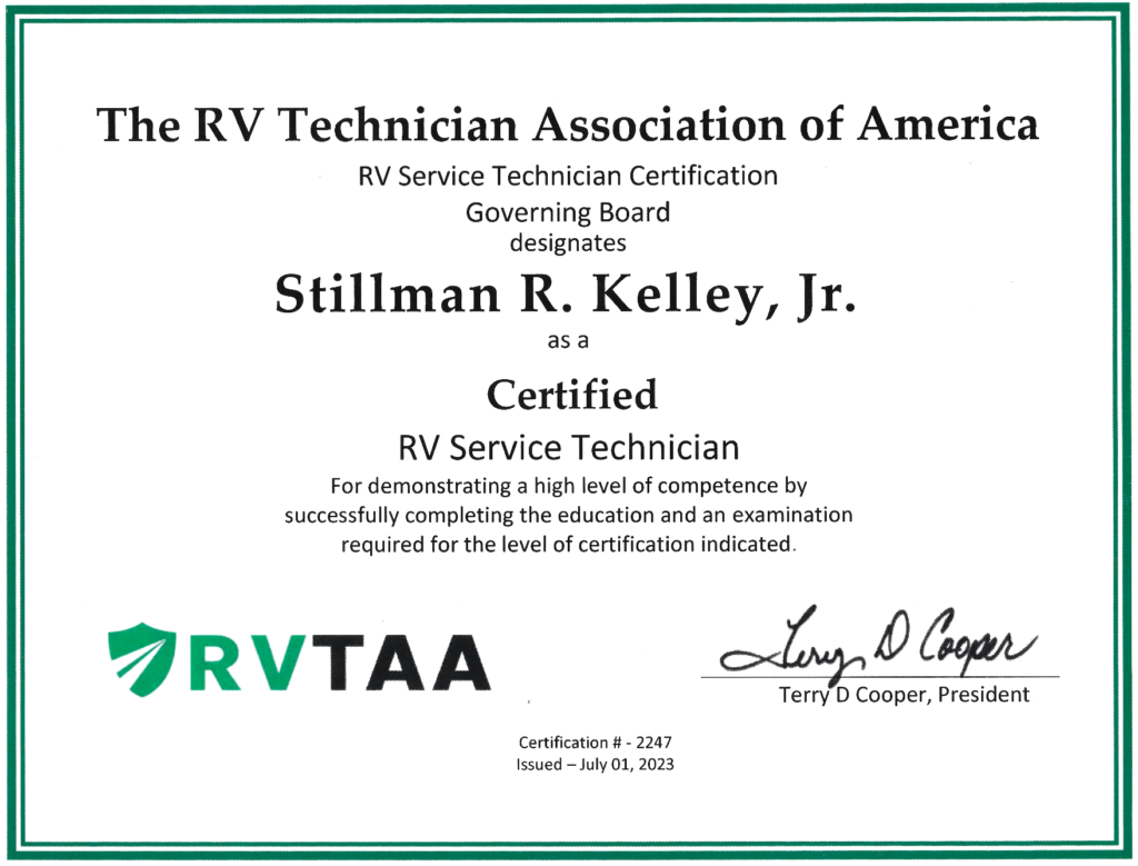 RVTAA RV Service Technician Certificate